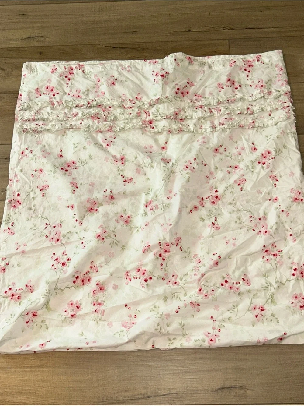 Shabby Chic Twin Size Flat Sheet Ruffled Fold Over Pink Florals Cottage Core
